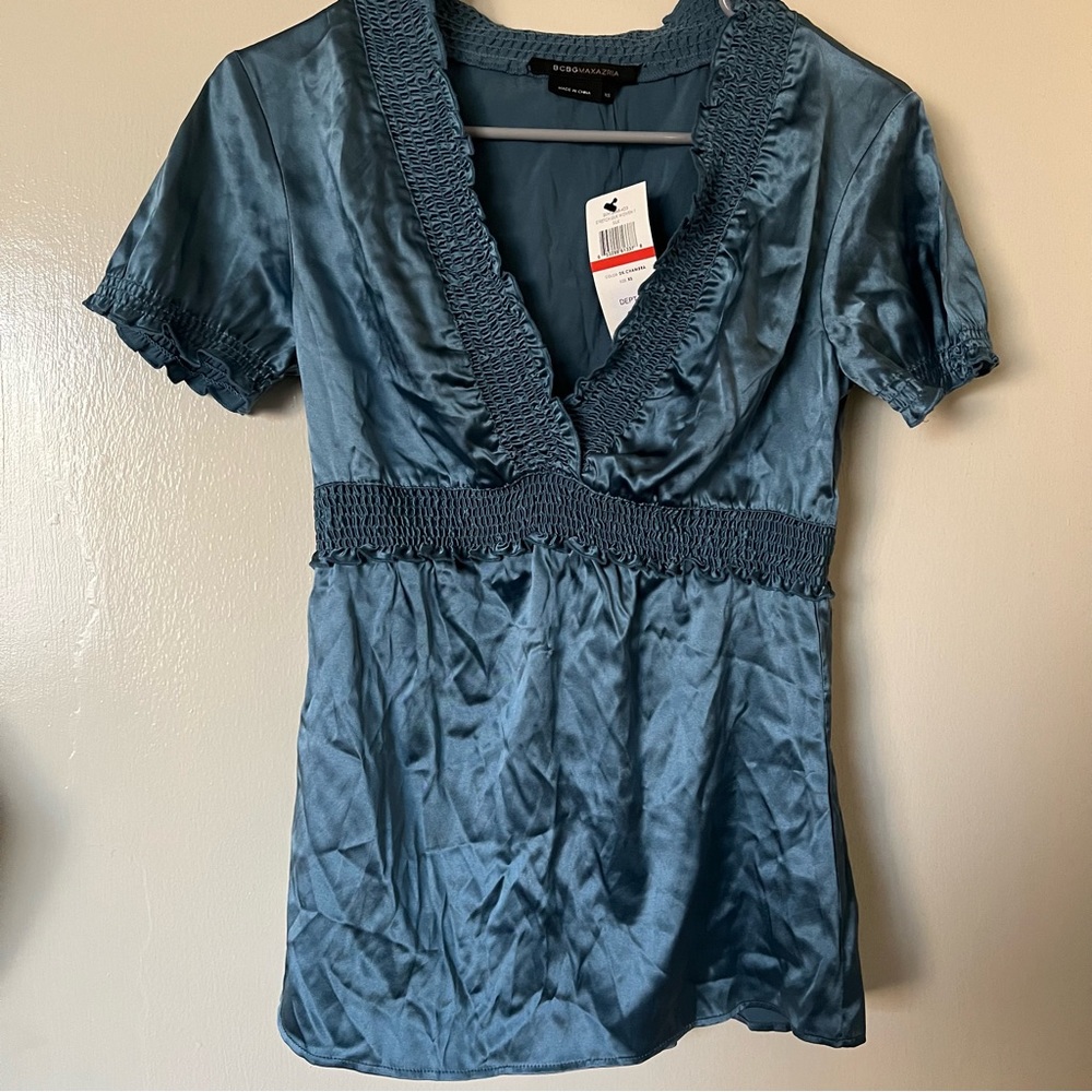 BCBG MaxAzria stretch silk shirred woven top dark chambra blue XS nwt